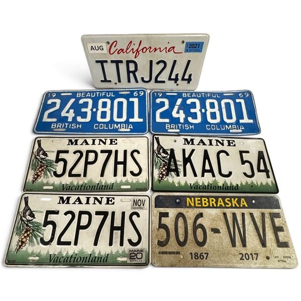 Group of 7 U.S. & Canadian License Plates, California, Maine, BC & Nebraska