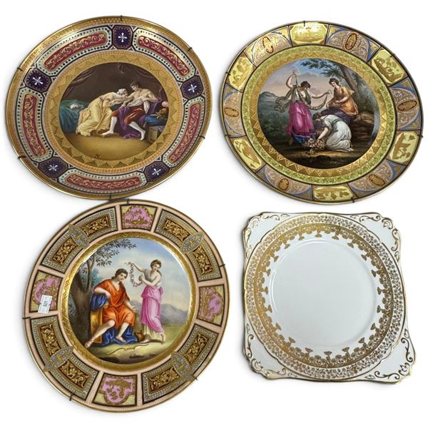Four Porcelain Cabinet Plates, Three Beehive-Marked Scenic & One Royal Stafford
