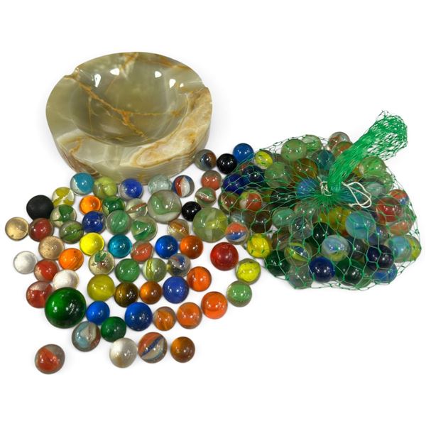 Mixed Lot: Glass Marbles, Mexican Onyx Ashtray, New in Box Monet Stationery Set