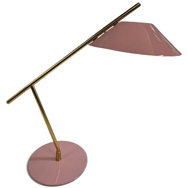 Modernist Pink Enamel & Brass-Tone Metal Desk Lamp with Conical Shade & Angled Arm