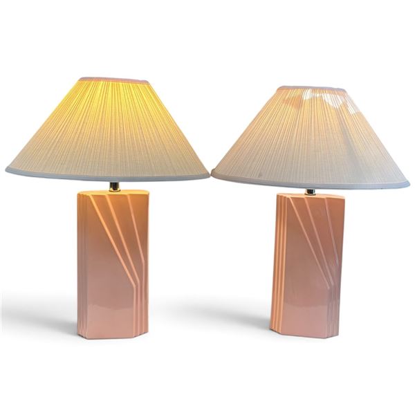 Pair of Pink Glazed Ceramic Geometric Table Lamps with Pleated Shades (24 in.)