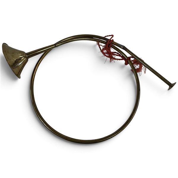 Coiled Brass Hunting Horn with Flared Bell, Mouthpiece & Red Cord