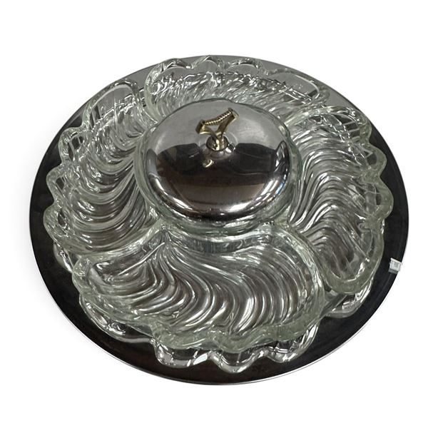 Kromex Made in USA Chrome & Pressed Glass Pedestal Relish Server (19 in. Dia)