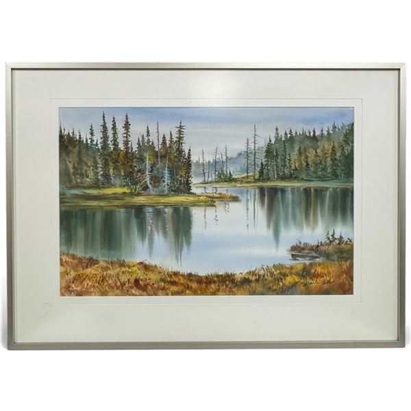 Grant W. Fuller Signed Original Watercolor Forest Lake Landscape (28 X 20 in.)