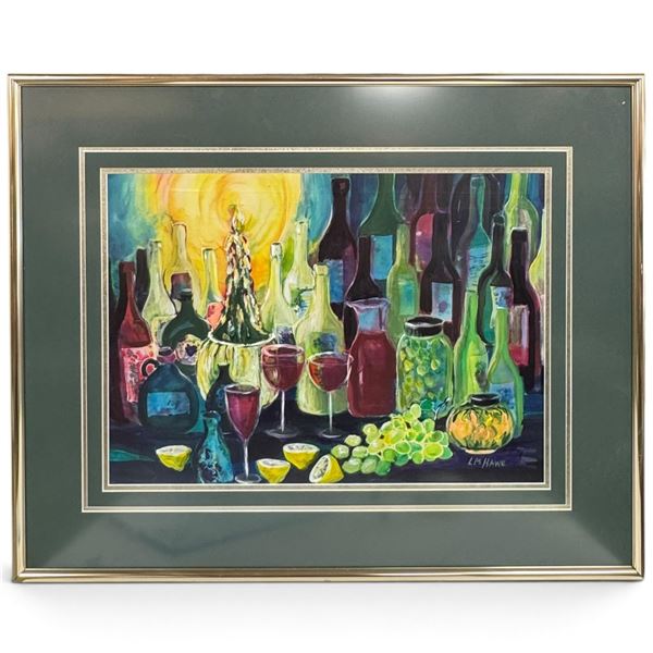 Lorraine Mary Hawe Signed Wine Bottle, Glass & Grape Still Life, Framed Print(30 x 24 in.)