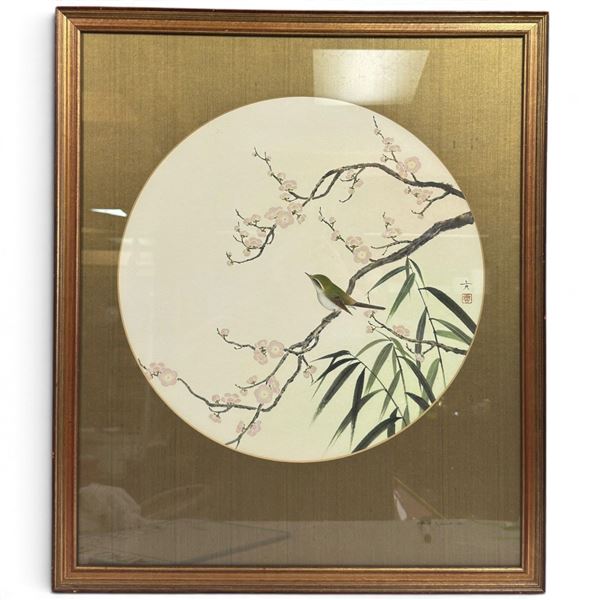 Mitsugi Kikuchi Japanese Bush Warbler & Pink Plum Watercolor, 1984 (22 x 26 in.)