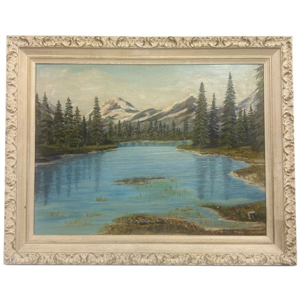 F. Wagner 1965 Mountain Lake Landscape Oil on Canvas Board, Framed (29 x 22.5 in.)