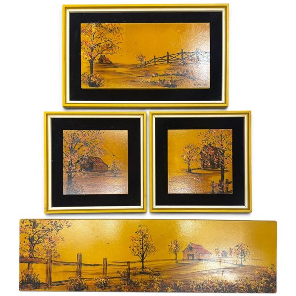 Four Rustic Autumn Landscape Paintings, Signed M. Fort?, 3 Framed (Squares 14 x 14 in.)