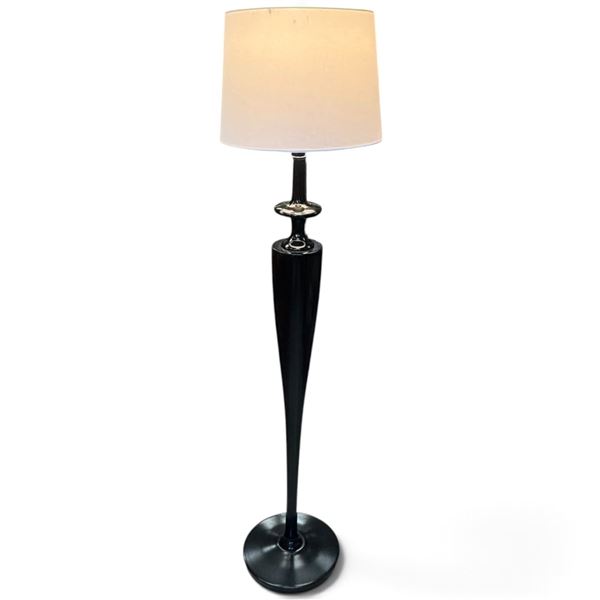Tall Glossy Black Tapered Floor Lamp with Sculptural Stem & Cream Drum Shade 58" Tall