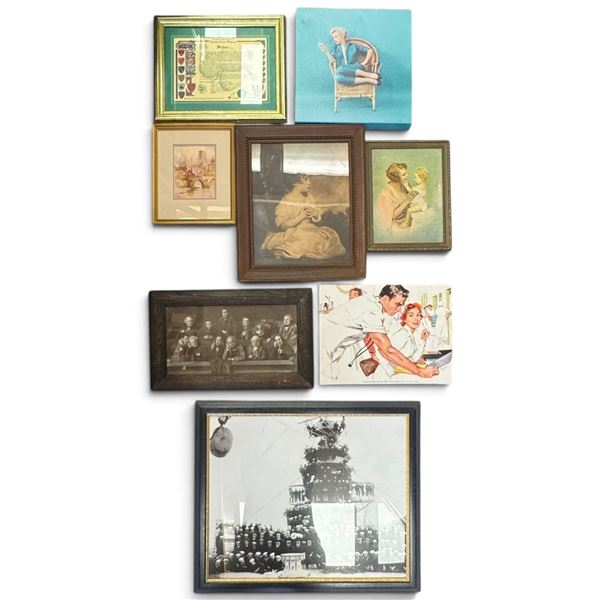 Eight-Piece Group of Vintage Framed Prints, Portraits, Naval Photograph & Wall Art