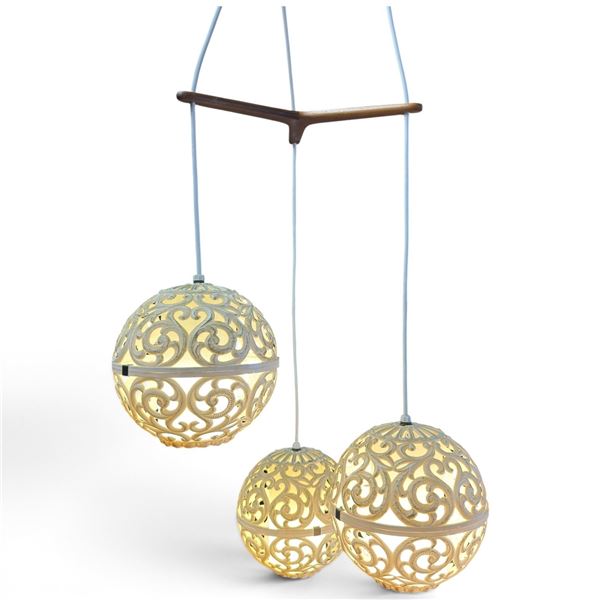 Three-Light Ornate Scrollwork Globe Pendant Chandelier with Wood Suspension Frame