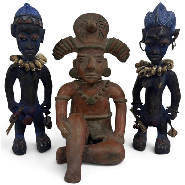 Group of 3 African-Style Carved Wood Figures with Cowrie Shell & Fiber Adornment