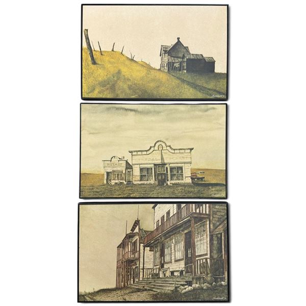 Russell Woodall Signed & Dated 1970-71 Framed Architectural Canvas Works, Set of 3