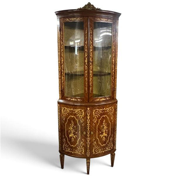 Two-Piece Floral Marquetry Corner Display Cabinet (20 W x 20 D x 75 H in.)