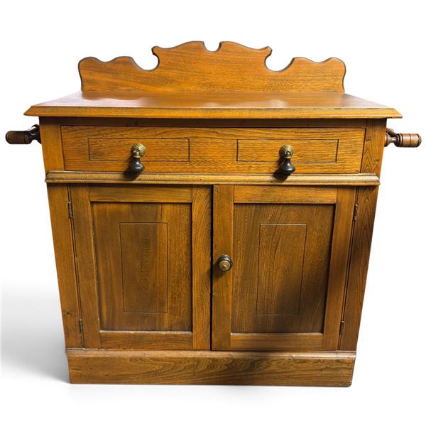 Oak Washstand Cabinet with Drawer, Paneled Doors, Towel Bars & Gallery (38 in. Wide)