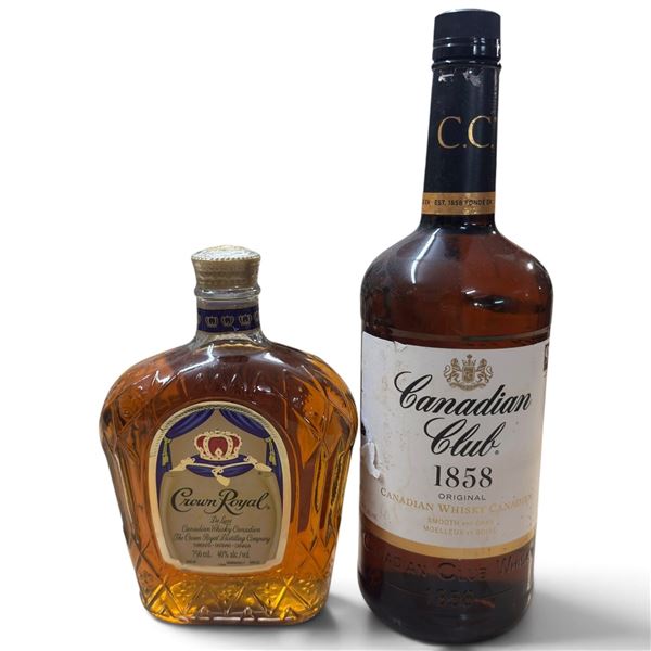 Crown Royal Deluxe & Canadian Club 1858 Canadian Whisky Bottles, 750 mL & 1.14 L