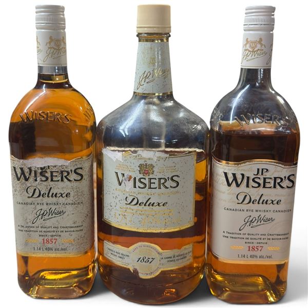 3 J.P. Wiser's Deluxe Canadian Whisky Bottles, 1.14 L & 1.75 L, Two Open