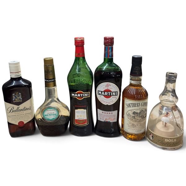 Group of 6 Liquor Bottles: Martini, Ballantine's, Southern Comfort, Meagher's & Bols