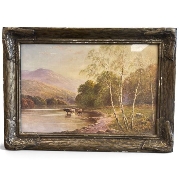Signed J.W. Gozzard Pastoral Landscape with Cattle & Birch Trees Antique Print (21.5 x 18 in.)
