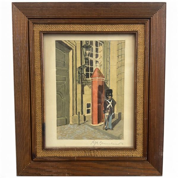 Signed Framed Watercolor & Ink, Royal Danish Life Guard at Sentry Box (12.5 x 14.5 in.)