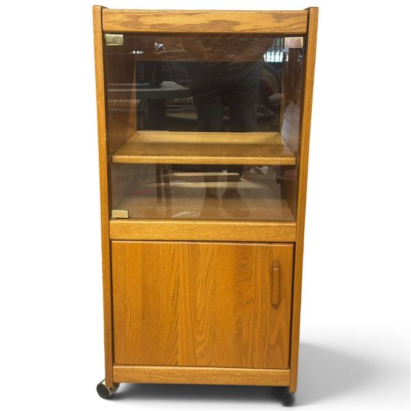 Oak-Finish Rolling Stereo Component Cabinet with Glass Door, Lift Top & Record Storage