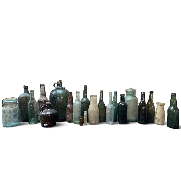 Collection of 21 Embossed Glass Bottles, Fruit Jars, Medicine Bottles & Utility Jugs