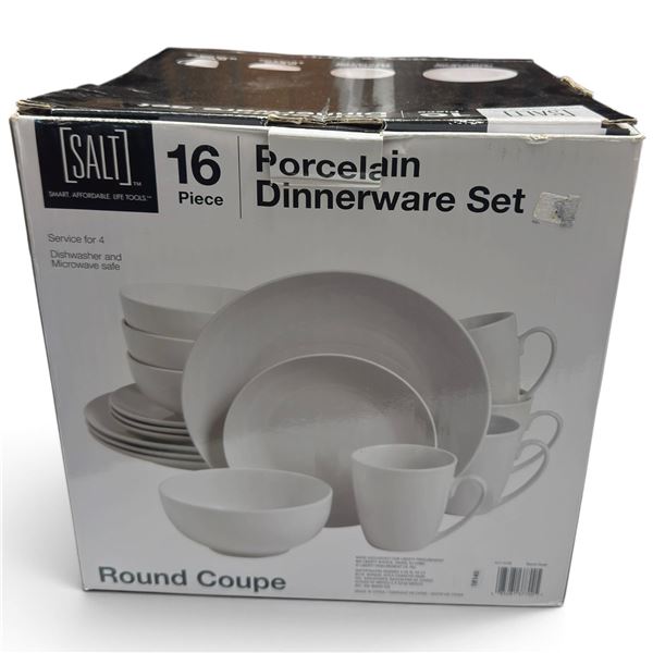 SALT Round Coupe White Porcelain 16-Piece Dinnerware Set, Service for 4