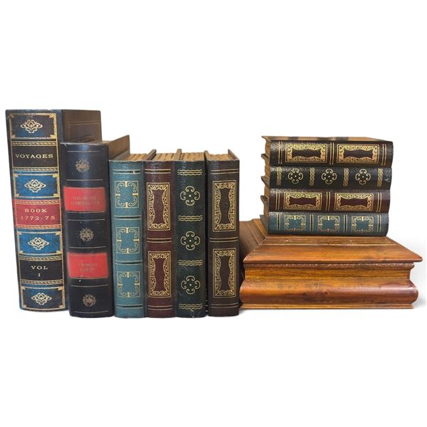 Group of Gilt-Decorated Faux-Book Storage Boxes & Carved Wooden Keepsake Box