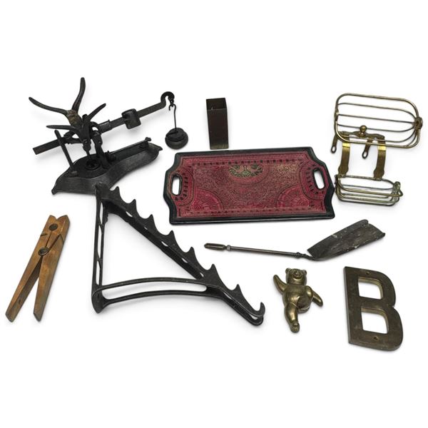 Mixed Cast Iron, Brass & Wood Household Objects with Scale, Tray, Rack & Letter B