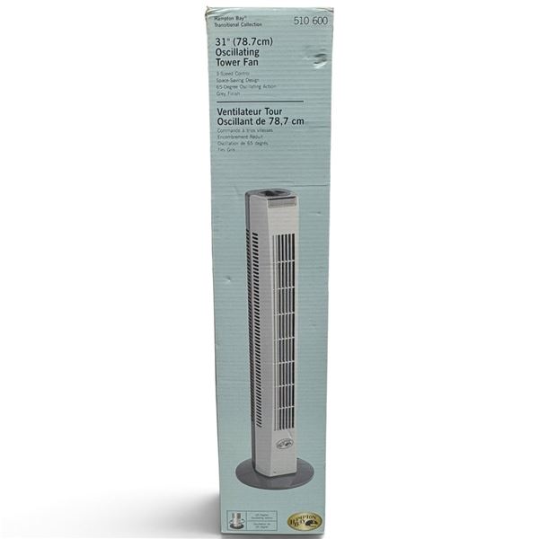 Hampton Bay Transitional 31 in. 3-Speed 65° Oscillating Tower Fan, Gray, Boxed