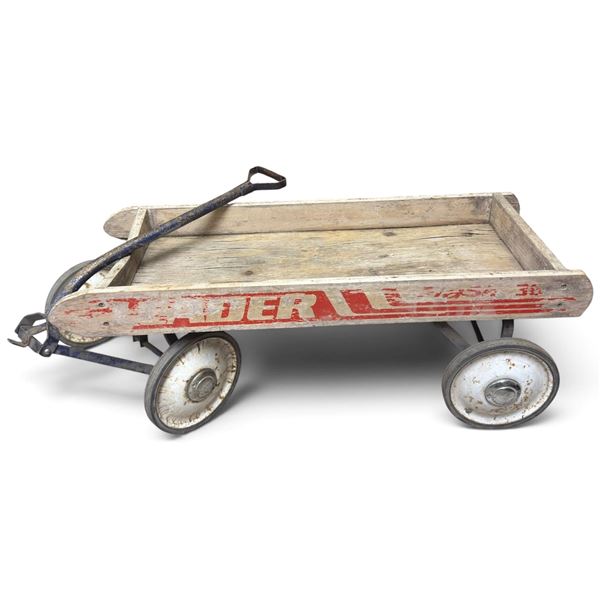Vintage Leader Flash 36 Wooden Child's Pull Wagon with Steel Wheels & Blue Handle