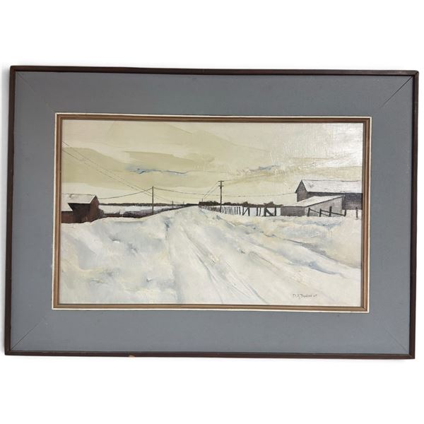 D.R. Dawson 1969 Signed Oil on Canvas Winter Farm Landscape (29 x 20.5 in.)
