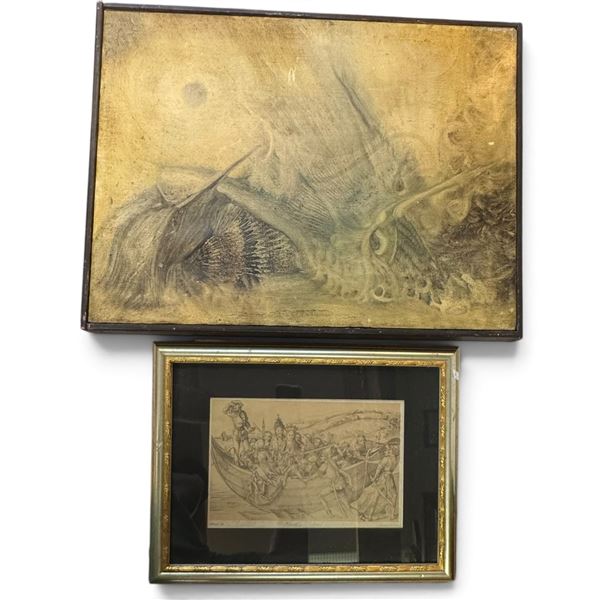 Two Framed Works: Surreal Figural Painting & Pilizotti after Martin Schongauer Lithograph