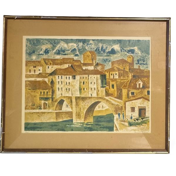 Pencil-Signed & Numbered Color Print of European Village & Stone Bridge, Framed