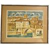 Image 1 : Pencil-Signed & Numbered Color Print of European Village & Stone Bridge, Framed
