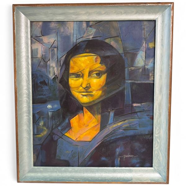 Palmer Signed Modernist Cubist-Style Female Mona Lisa Portrait Painting in Silver-Tone Frame 20x24"