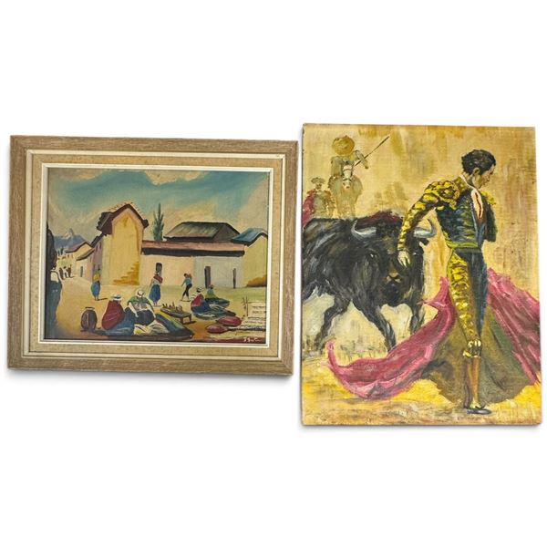 Two Oil Paintings: Village Marketplace (18 x 15 in.) & Matador (16 x 20 in.)