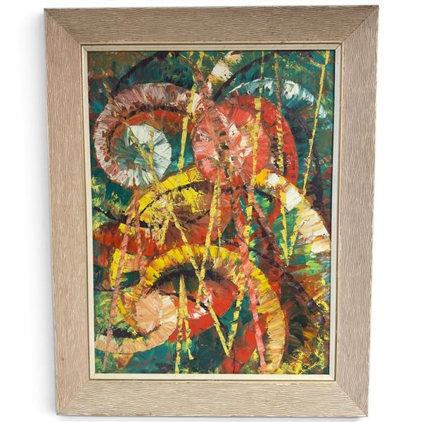 Colorful Abstract Impasto Oil on Canvas in Textured Frame (28.5 x 22.5 in.)