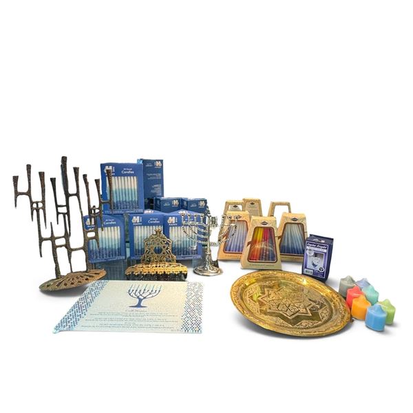 Jewish Judaica Group with Menorahs, Hanukkah Candles, Challah Board, Tray & Dreidel