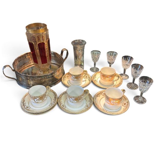 Noritake Gilt Porcelain, Patterned Stemware, Art Glass Vases & Silver-Tone Serving Tray