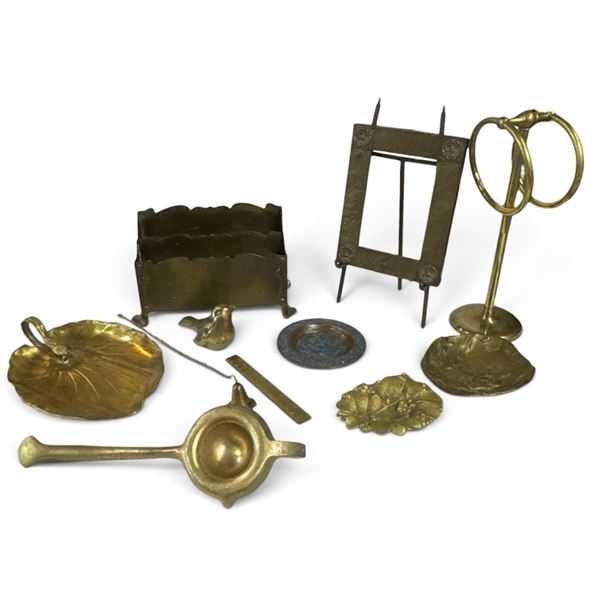 Mixed Art Nouveau & Arts and Crafts Brass Desk Accessories, Berndorf Dish & Frame