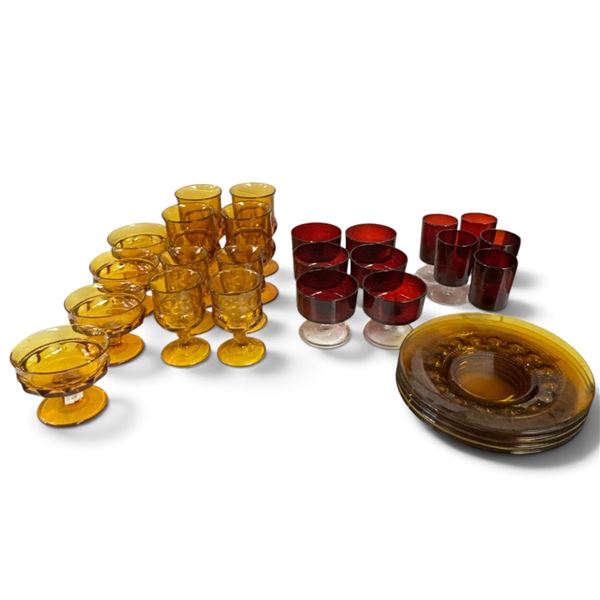 Amber & Ruby Red Glass Tableware Group with Stemware & Plates, 27 Pieces