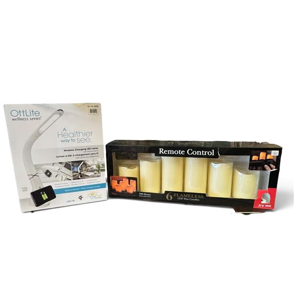 OttLite Wireless Charging LED Lamp & 6 Flameless LED Wax Candles with Remote Control