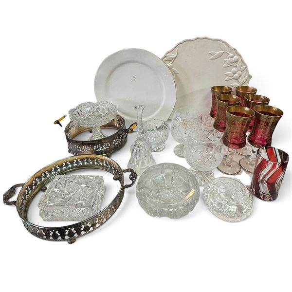 Mixed Cut Glass, 6 Ruby & Gold-Decorated Goblets, Ceramic Platters & Metalware