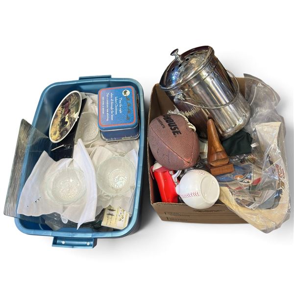 Mixed Household, Sports & Decorative Collectibles with Glassware, Football & Metal Pail