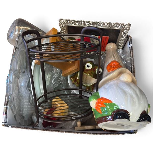 Assorted Kitchen & Home Decor with Ceramic Gnome, Frog, Glassware & Metal Stand