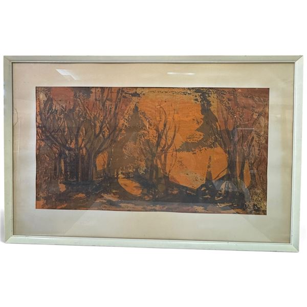 Signed K. Moore Abstract Woodland Print in Glazed Pale Green Frame 39x25"