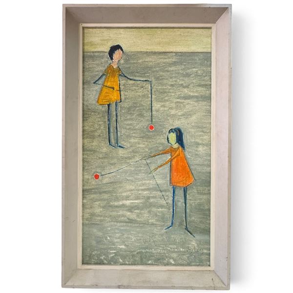 Signed Joy Long Modernist Figural Painting on Canvas in Wood Frame (22 x 37 in.)