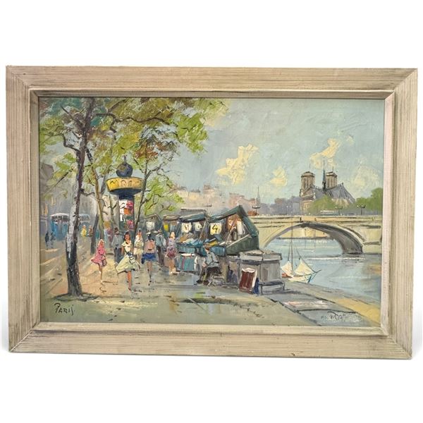 Paris Seine Quayside Oil on Canvas with Notre-Dame, Signed (41.5 x 29.5 in.)