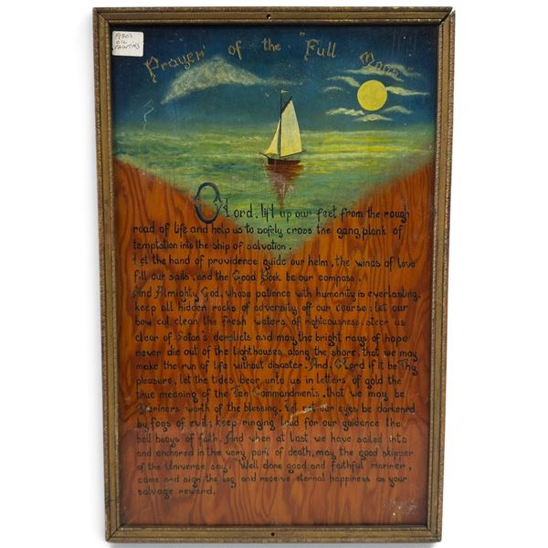 Folk Art Oil Painting, Prayer of the Full Moon, Sailboat & Mariner's Prayer (11.5 x 17.5 in.)